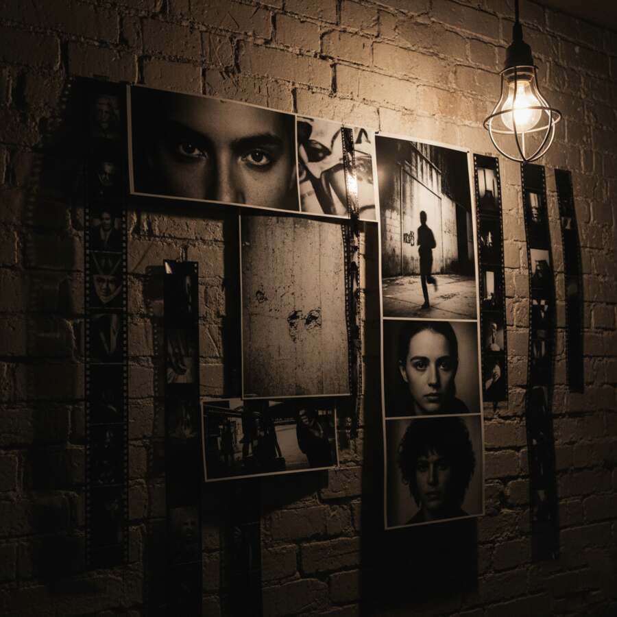 Portraits and film strips pinned to a brick wall